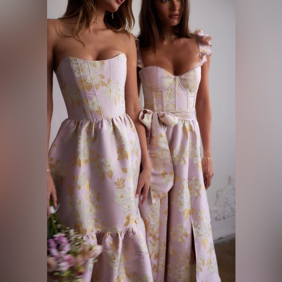 V. Chapman Vera Ruffle-Strap Corset Side-Slit Midi Dress Anthropologie